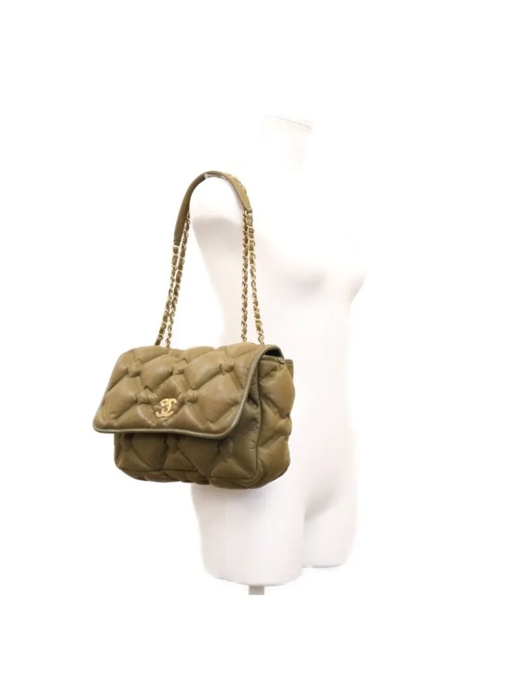 Chanel Khaki Bubble Quilt Calfskin Shoulder Bag